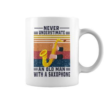 Never Underestimate An Old Man With A Saxophone Gift Old Man Funny Gifts Coffee Mug | Mazezy