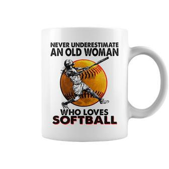 Never Underestimate An Old Woman Who Loves Softball Gift Coffee Mug - Seseable