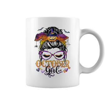 October Girl Halloween Messy Bun Lady Hair Glasses Leopard Coffee Mug - Seseable