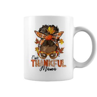 One Thankful Mama Black Messy Bun Fall Autumn Thanksgiving Coffee Mug | Mazezy