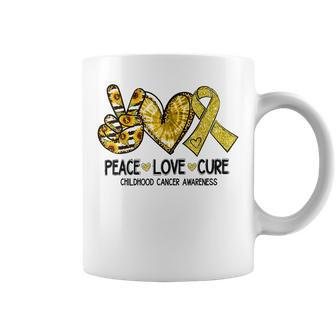 Peace Love Cure Childhood Cancer Awareness Gold Ribbon Coffee Mug - Monsterry