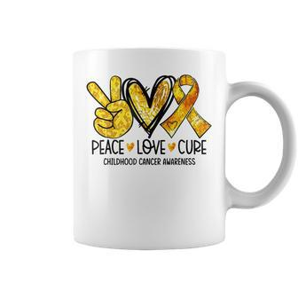 Peace Love Cure Childhood Cancer Awareness Gold Ribbon Coffee Mug - Seseable