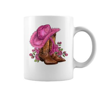 Pink Cowgirl Hat Cowgirl Boots Western Cowhide Rose Flowers Coffee Mug | Mazezy AU