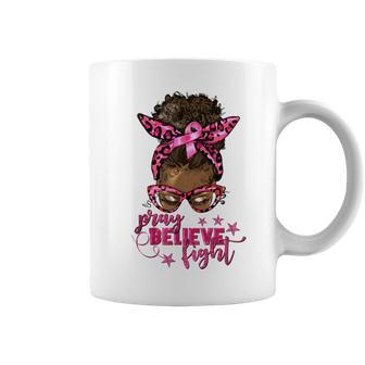 Pray Believe Fight Breast Cancer Afro Messy Bun Coffee Mug | Mazezy CA