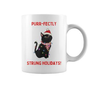 Purr-Fectly Strung Holidays Black Cat Wrapped In Lights Coffee Mug | Mazezy