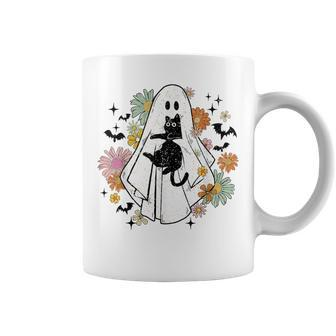 Retro Boo Flower Ghost Halloween Black Cat Girl Coffee Mug - Seseable