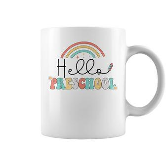 Retro First Day Of School Hello Preschool Teacher Rainbow Gifts For Teacher Funny Gifts Coffee Mug | Mazezy