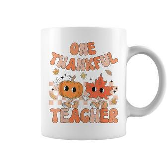 Retro One Thankful Teacher Pumpkin Fall Leaves Thanksgiving Coffee Mug - Thegiftio UK