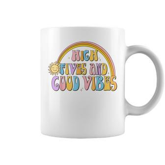 Retro Positive Quotes High Fives And Good Vibes Women Men Coffee Mug - Monsterry