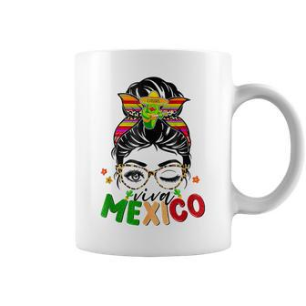 Retro Viva Mexico Messy Bun Mexican Flag Pride Girls Coffee Mug - Seseable