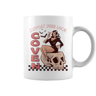 Support Your Local Coven Sexy Witch Goth Skull Costume Retro Coffee Mug | Mazezy