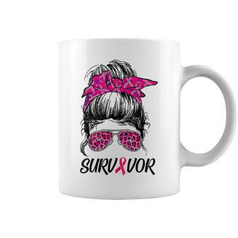 Survivor Breast Cancer Awareness Messy Bun Pink Ribbon Coffee Mug - Monsterry AU
