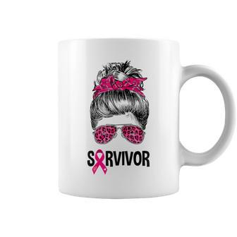 Survivor Messy Bun Pink Ribbon Breast Cancer Awareness Coffee Mug - Seseable