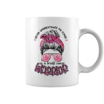 Never Underestimate Breast Cancer Warrior Messy Bun Ribbon Coffee Mug - Seseable