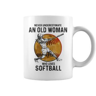 Never Underestimate An Old Woman Who Loves Softball Vintage Coffee Mug - Seseable