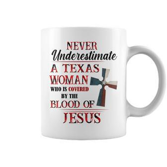 Never Underestimate A Texas Woman Who Is Covered Jesus Coffee Mug | Mazezy