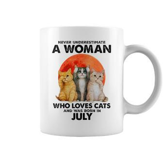 Never Underestimate A Woman Loves Cats & Born In July Coffee Mug - Seseable