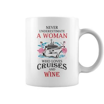 Never Underestimate Woman Who Loves Cruises & Wine Flamingo Coffee Mug | Mazezy DE