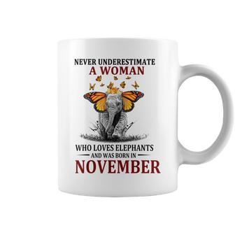 Never Underestimate A Woman Who Loves Elephants November Coffee Mug - Thegiftio UK