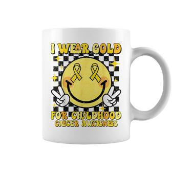 I Wear Gold For Childhood Cancer Awareness Smile Face Groovy Coffee Mug - Monsterry