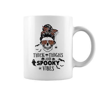 Ywew Skull Messy Bun Spooky Pumpkin October Halloween Party Halloween Coffee Mug | Mazezy