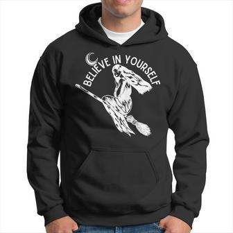 Believe In Yourself Flying Witch White Text Hoodie - Monsterry UK