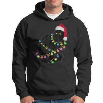Black Cat Santa Hat Light Tree Ugly Christmas Sweater Hoodie | Mazezy