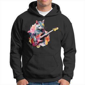 Cat Playing Bass Guitar Watercolor Graphic Design Hoodie - Seseable