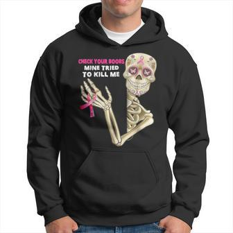 Check Your Boobs Skeleton Hand Breast Cancer Awareness Pink Hoodie | Mazezy