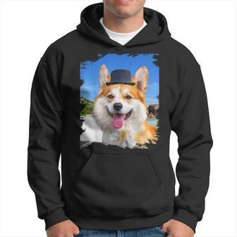 Corgi Face Dog Dogs Wearing Hat At Beach Funny Cute Hoodie | Mazezy