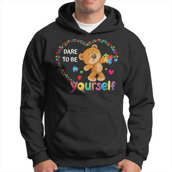 Dare To Be Yourself Autism Awareness Bear Heart Puzzle Piece Hoodie | Mazezy DE