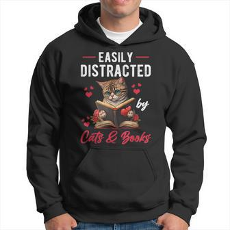 Easily Distracted By Cats And Books Cat & Book Lover Funny Hoodie | Mazezy