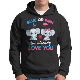 Elephant Baby Pink Or Blue We Already Love You Gender Reveal Hoodie | Mazezy
