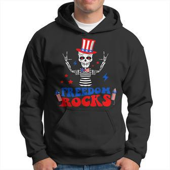 Freedom Rocks Skeleton American Flag Independence Day 1776 1776 Funny Gifts Hoodie | Mazezy