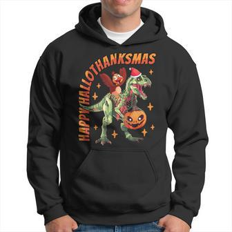 Happy Hallothanksmas T-Rex Halloween Thanksgiving Christmas Hoodie - Monsterry CA