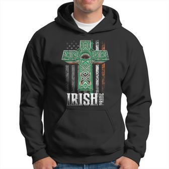 Irish Pride American Flag Celtic Cross On Back St Patrick Hoodie | Mazezy