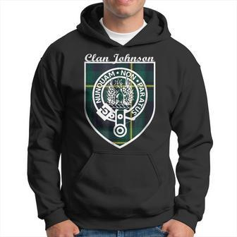 Johnson Surname Last Name Scottish Clan Tartan Badge Crest Funny Last Name Designs Funny Gifts Hoodie | Mazezy