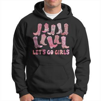 Lets Go Girls Groovy Bachelorette Party Pink Cowgirl Boots Hoodie | Mazezy