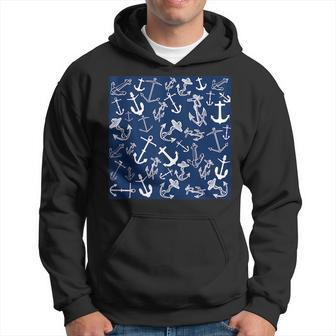 Nautical Navy Blue Anchor Pattern Hoodie | Mazezy
