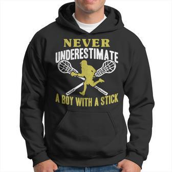 Never Underestimate A Boy With A Stick Lax Player Lacrosse Lacrosse Funny Gifts Hoodie | Mazezy