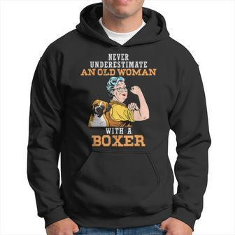 Never Underestimate An Old Woman With Boxer Dog Lover Old Woman Funny Gifts Hoodie | Mazezy