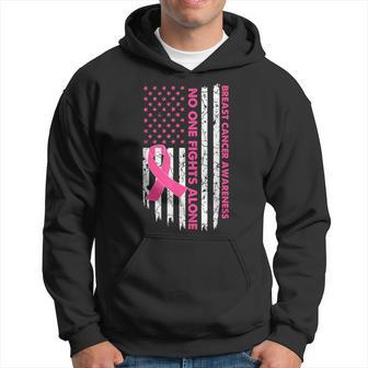 No One Fights Breast Cancer Alone American Flag Pink Ribbon Hoodie | Mazezy UK
