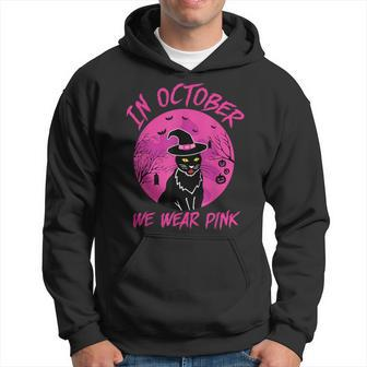 In October We Wear Pink Black Cat Halloween Breast Cancer Hoodie - Monsterry