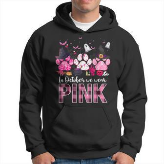 In October We Wear Pink Breast Cancer Halloween Dog Paws Hoodie - Seseable