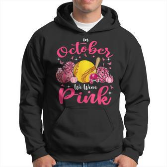 In October We Wear Pink Softball Breast Cancer Awareness Hoodie - Monsterry