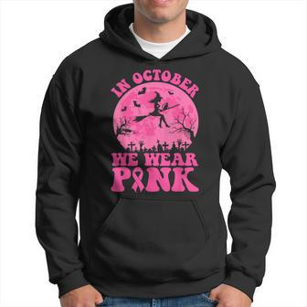 In October We Wear Pink Witch Halloween Breast Cancer Ribbon Hoodie - Monsterry