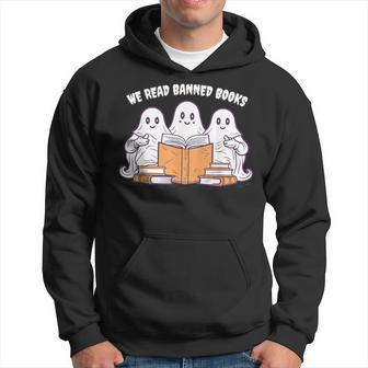 We Read Banned Books Cute Ghost Read A Book Halloween Retro Hoodie - Monsterry DE