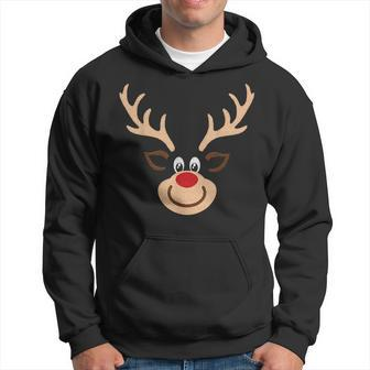 Reindeer Face Deer & Red Nose Brown Christmas Hoodie - Seseable