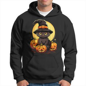 Scary Black Cat Witch Hat Pumpkin Vintage Halloween Costume Hoodie - Seseable