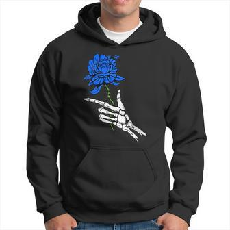Skeleton Hand Holding A Blue Rose Hoodie | Mazezy